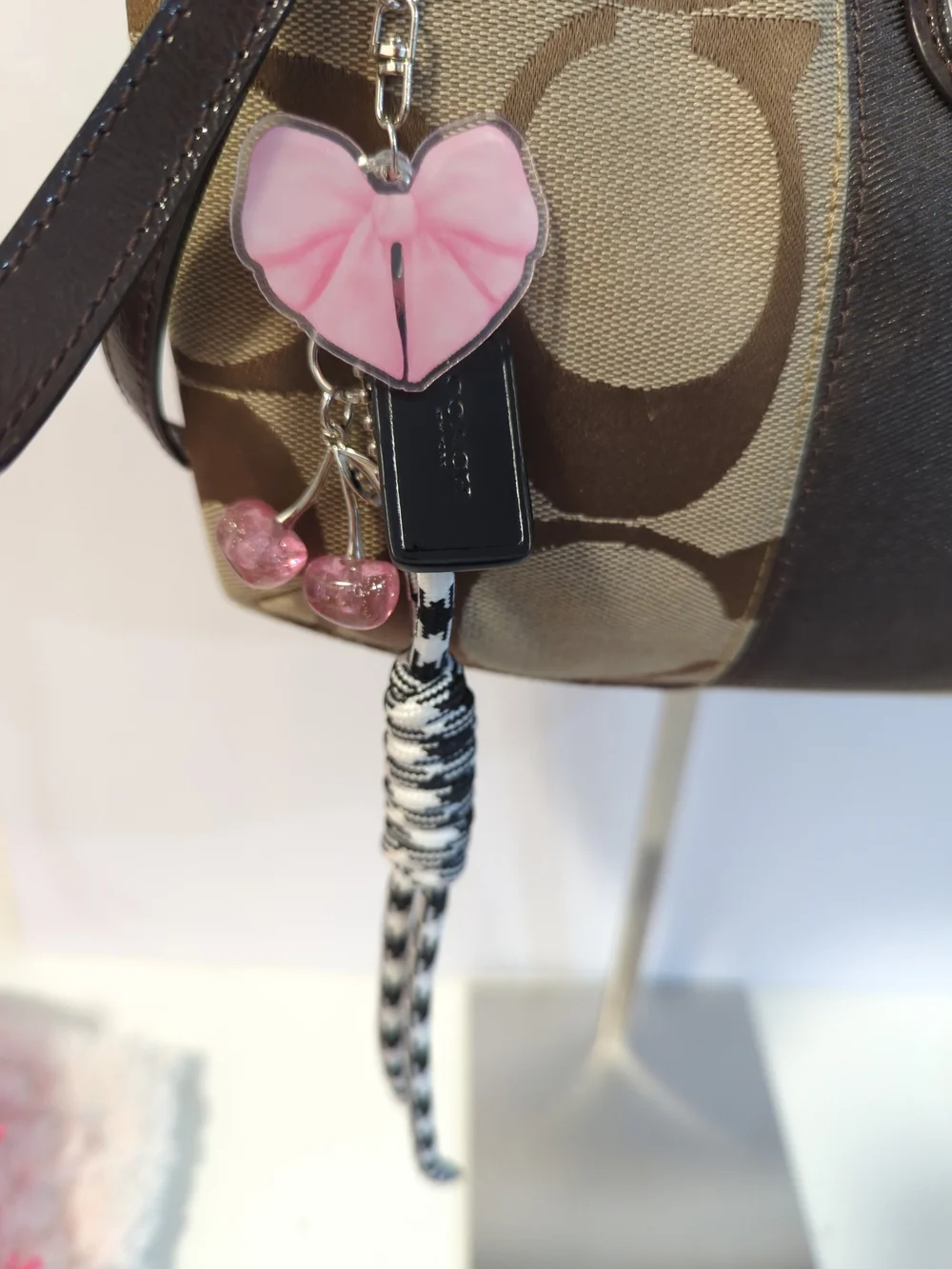Coach Authentic Patent Leather Black Hangtag + Pink Heart Bow Cherry Bag Charm